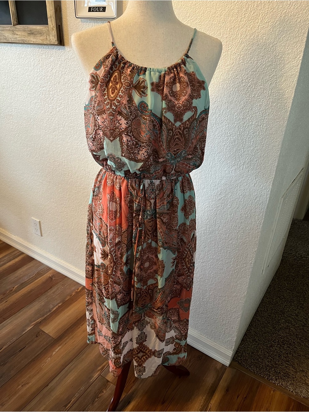 Sweet Storm Teal and‎ Orange Paisley Halter-Style Midi Dress